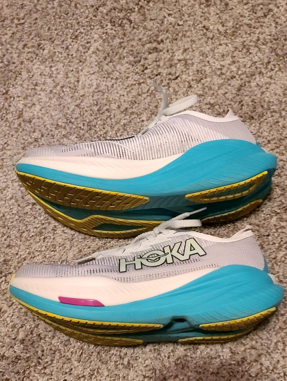 Women's 7B, Hoka Mach X2 White Teal Athletic Running Shoes with Orange - Picture 6 of 10